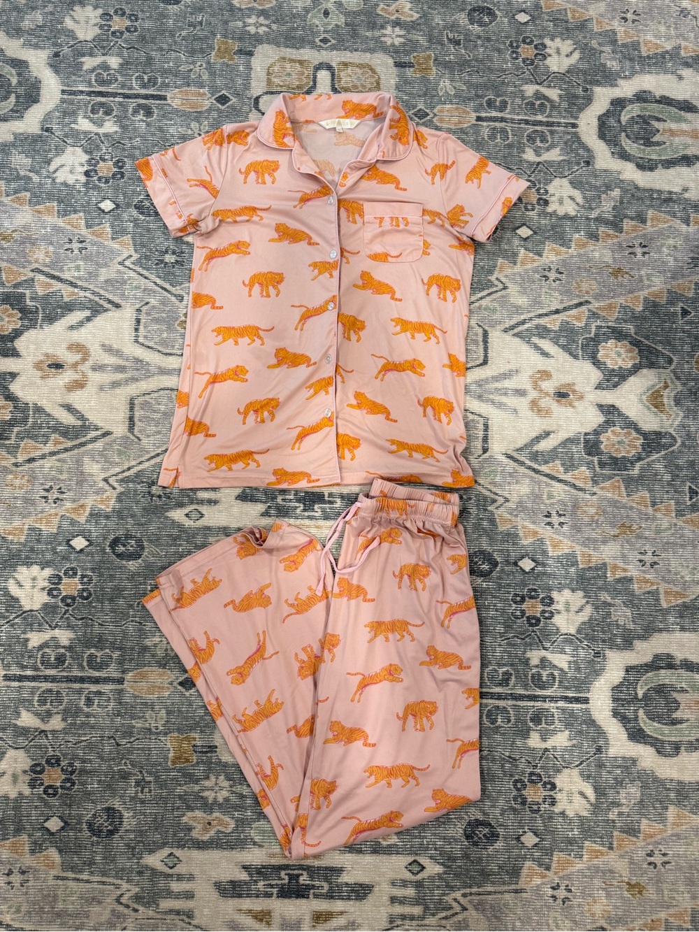 Cozy Pink & Orange Tiger-Print Short Sleeve Pajama Set